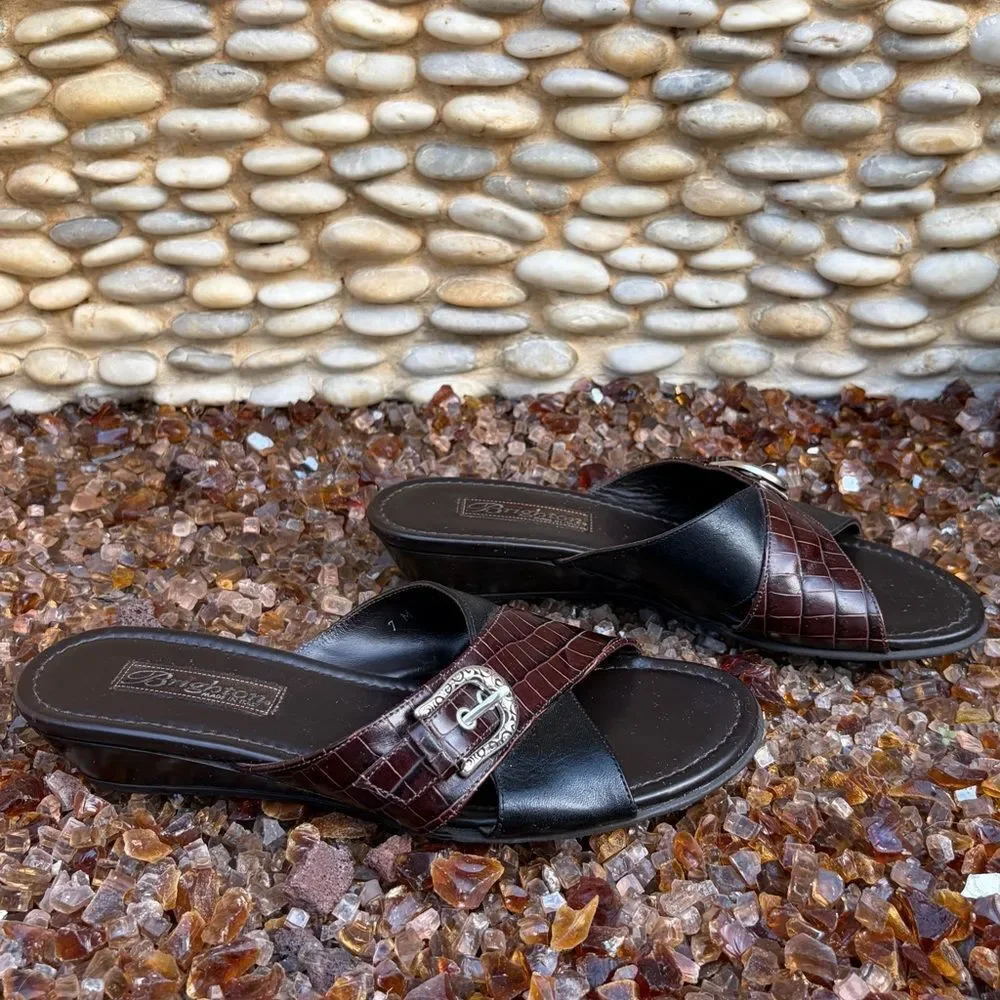 Brighton Lorna Black/Brown Silver Buckle Slip-On Sandales/Loafers Size 7 Boho